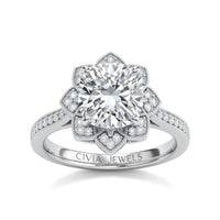 White Gold Cushion Diamond Vintage Halo Engagement Ring With Four Prong Setting And Pavé Band