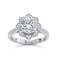 White Gold Cushion Diamond Vintage Halo Engagement Ring With Four Prong Setting And Pavé Band
