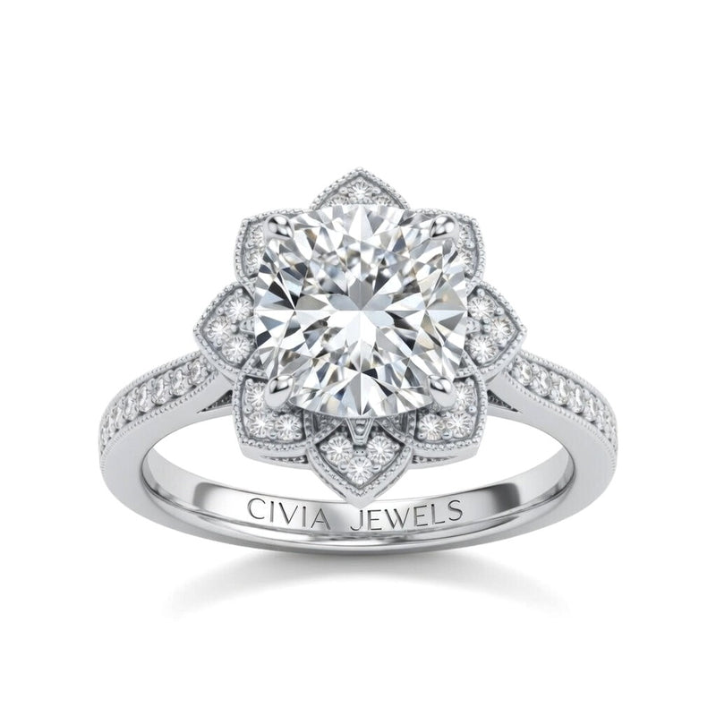 Silver Cushion Diamond Vintage Halo Engagement Ring With Four Prong Setting And Pavé Band