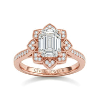 Rose Gold Emerald Diamond Vintage Halo Engagement Ring With Four Prong Setting And Pavé Band