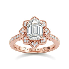 Rose Gold Emerald Diamond Vintage Halo Engagement Ring With Four Prong Setting And Pavé Band