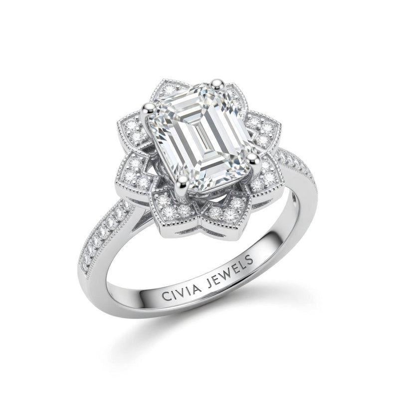 White Gold Emerald Diamond Vintage Halo Engagement Ring With Four Prong Setting And Pavé Band