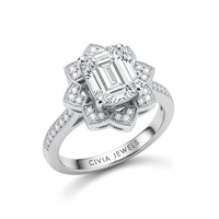 White Gold Emerald Diamond Vintage Halo Engagement Ring With Four Prong Setting And Pavé Band