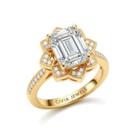 Yellow Gold Emerald Diamond Vintage Halo Engagement Ring With Four Prong Setting And Pavé Band