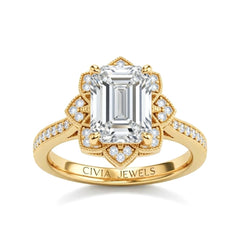 Yellow Gold Emerald Diamond Vintage Halo Engagement Ring With Four Prong Setting And Pavé Band