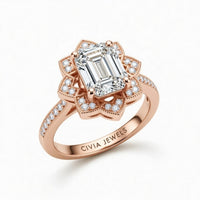 Rose Gold Emerald Diamond Vintage Halo Engagement Ring With Four Prong Setting And Pavé Band