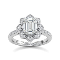 White Gold Emerald Diamond Vintage Halo Engagement Ring With Four Prong Setting And Pavé Band