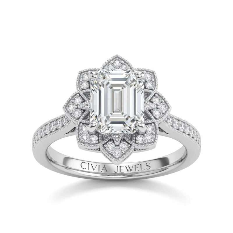 Silver Emerald Diamond Vintage Halo Engagement Ring With Four Prong Setting And Pavé Band