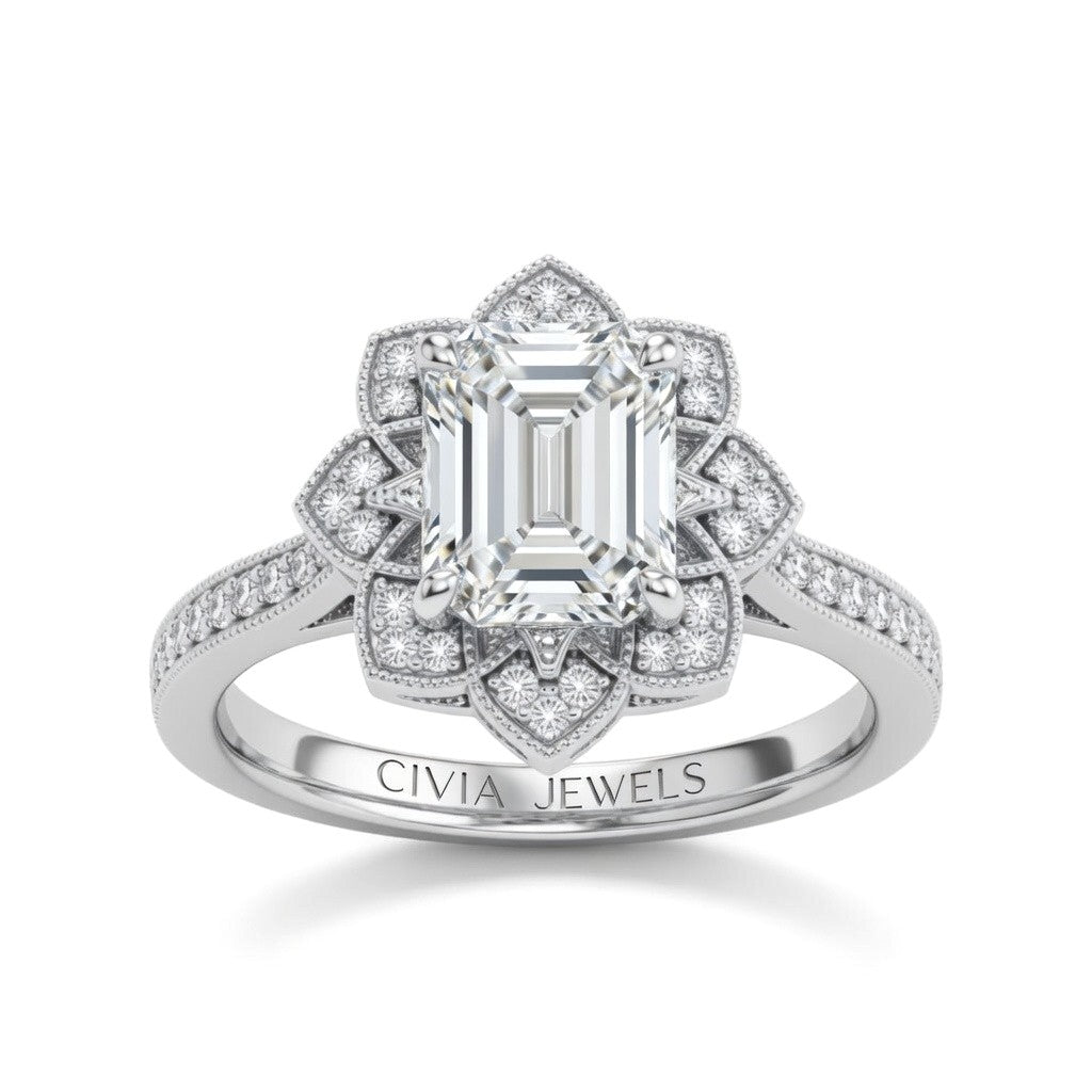 Silver Emerald Diamond Vintage Halo Engagement Ring With Four Prong Setting And Pavé Band