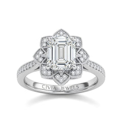 Silver Emerald Diamond Vintage Halo Engagement Ring With Four Prong Setting And Pavé Band