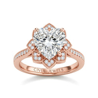 Rose Gold Heart Diamond Vintage Halo Engagement Ring With Four Prong Setting And Pavé Band
