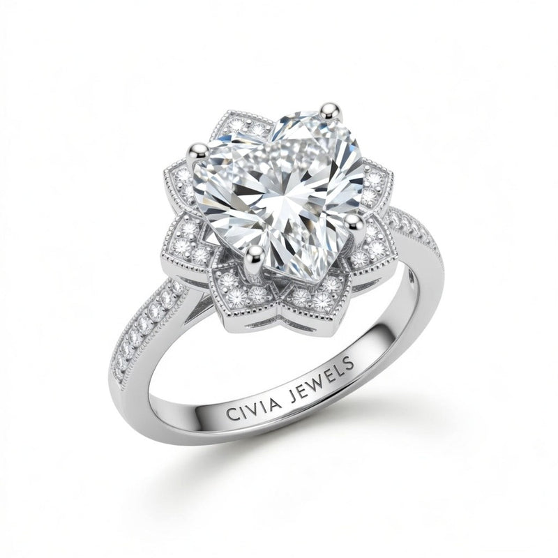 White Gold Heart Diamond Vintage Halo Engagement Ring With Four Prong Setting And Pavé Band