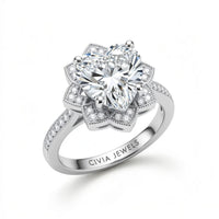 White Gold Heart Diamond Vintage Halo Engagement Ring With Four Prong Setting And Pavé Band