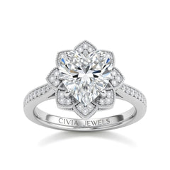 White Gold Heart Diamond Vintage Halo Engagement Ring With Four Prong Setting And Pavé Band