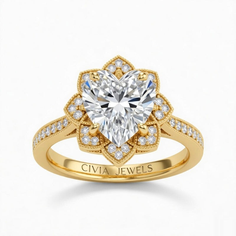 Yellow Gold Heart Diamond Vintage Halo Engagement Ring With Four Prong Setting And Pavé Band