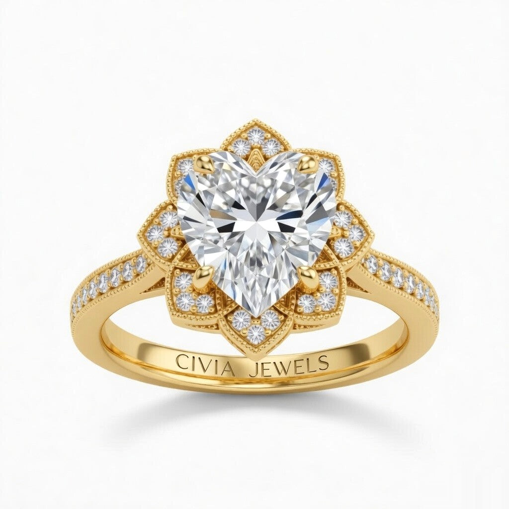Yellow Gold Heart Diamond Vintage Halo Engagement Ring With Four Prong Setting And Pavé Band