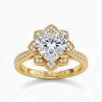 Yellow Gold Heart Diamond Vintage Halo Engagement Ring With Four Prong Setting And Pavé Band