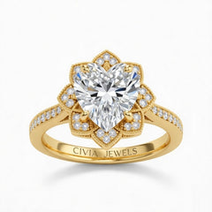 Yellow Gold Heart Diamond Vintage Halo Engagement Ring With Four Prong Setting And Pavé Band