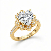 Yellow Gold Heart Diamond Vintage Halo Engagement Ring With Four Prong Setting And Pavé Band