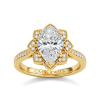 Yellow Gold Pear Diamond Vintage Halo Engagement Ring With Four Prong Setting And Pavé Band