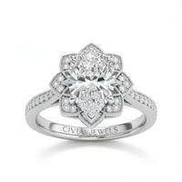 White Gold Pear Diamond Vintage Halo Engagement Ring With Four Prong Setting And Pavé Band