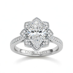 Silver Pear Diamond Vintage Halo Engagement Ring With Four Prong Setting And Pavé Band