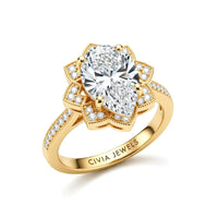 Yellow Gold Pear Diamond Vintage Halo Engagement Ring With Four Prong Setting And Pavé Band