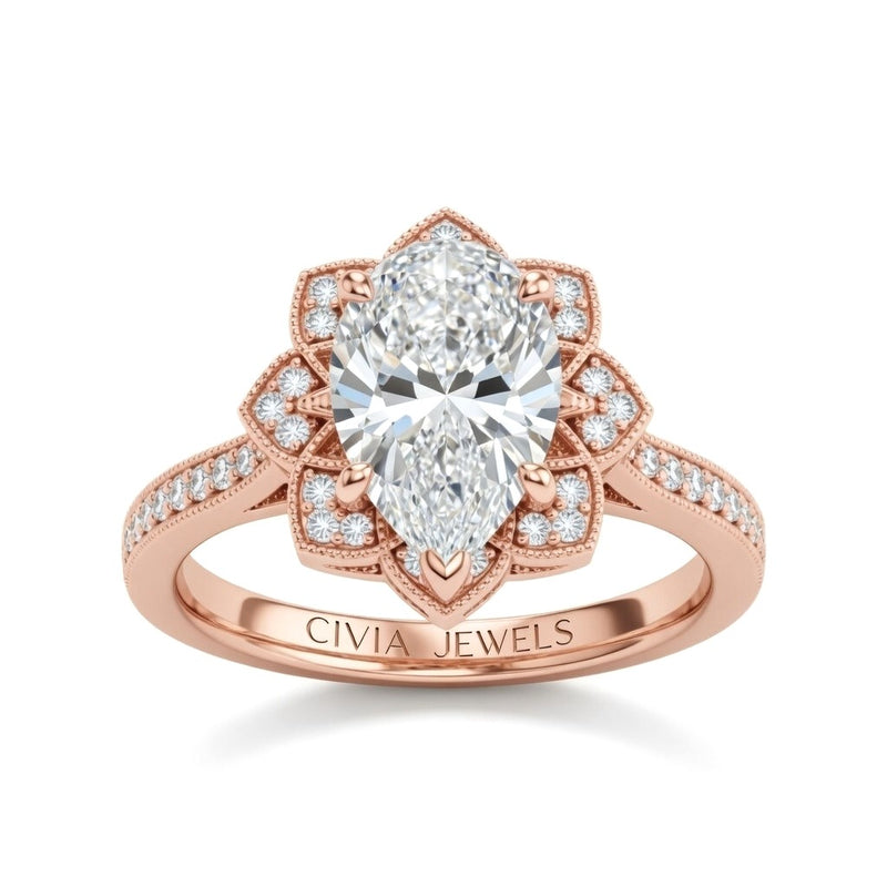 Rose Gold Pear Diamond Vintage Halo Engagement Ring With Four Prong Setting And Pavé Band
