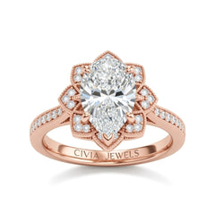 Rose Gold Pear Diamond Vintage Halo Engagement Ring With Four Prong Setting And Pavé Band