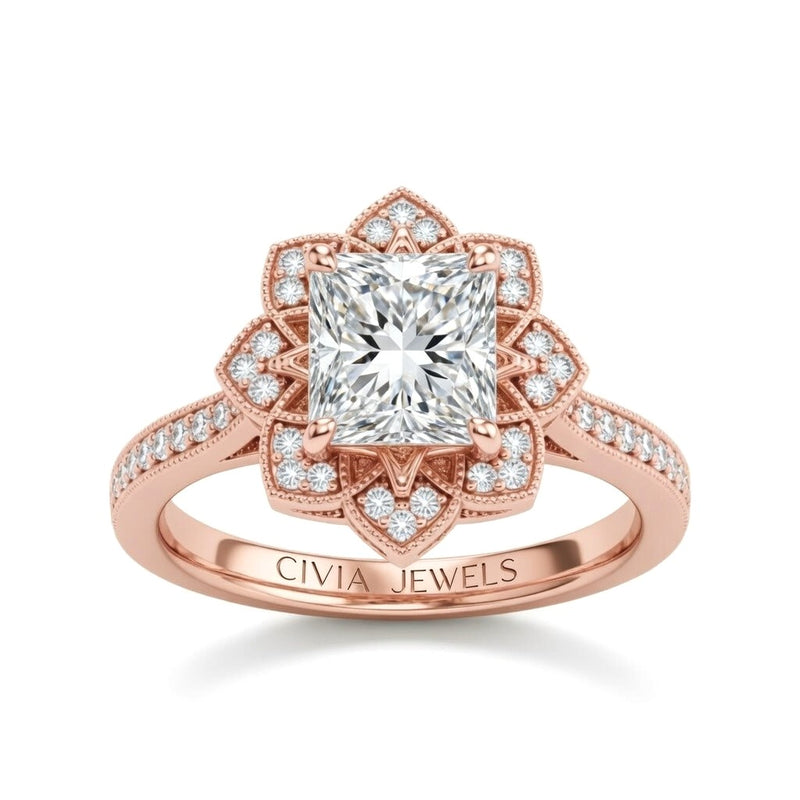 Rose Gold Princess Diamond Vintage Halo Engagement Ring With Four Prong Setting And Pavé Band