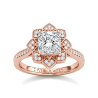 Rose Gold Princess Diamond Vintage Halo Engagement Ring With Four Prong Setting And Pavé Band