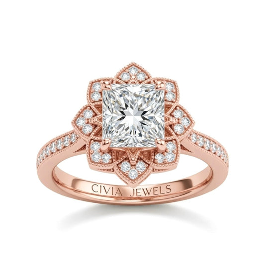 Rose Gold Princess Diamond Vintage Halo Engagement Ring With Four Prong Setting And Pavé Band