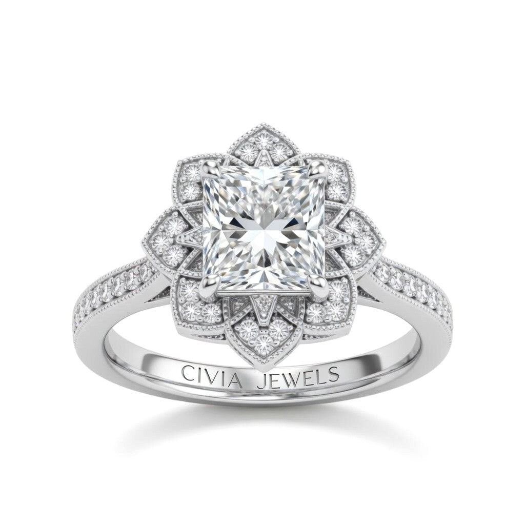 White Gold Princess Diamond Vintage Halo Engagement Ring With Four Prong Setting And Pavé Band