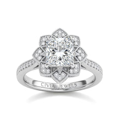 White Gold Princess Diamond Vintage Halo Engagement Ring With Four Prong Setting And Pavé Band