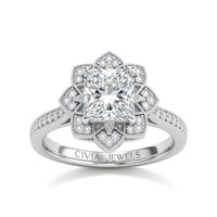 Silver Princess Diamond Vintage Halo Engagement Ring With Four Prong Setting And Pavé Band