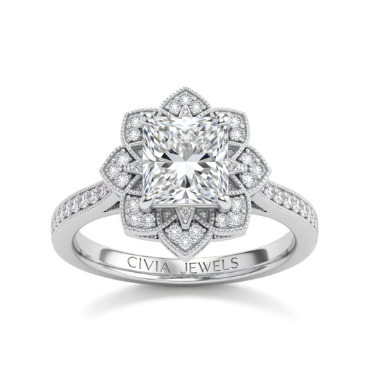 White Gold Princess Diamond Vintage Halo Engagement Ring With Four Prong Setting And Pavé Band