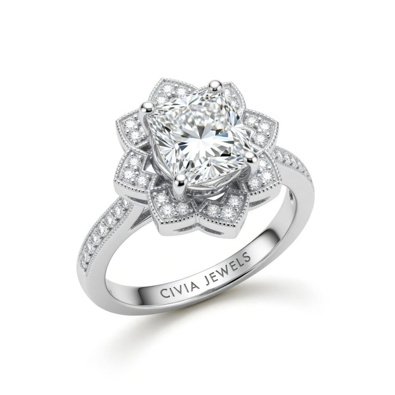 White Gold Princess Diamond Vintage Halo Engagement Ring With Four Prong Setting And Pavé Band