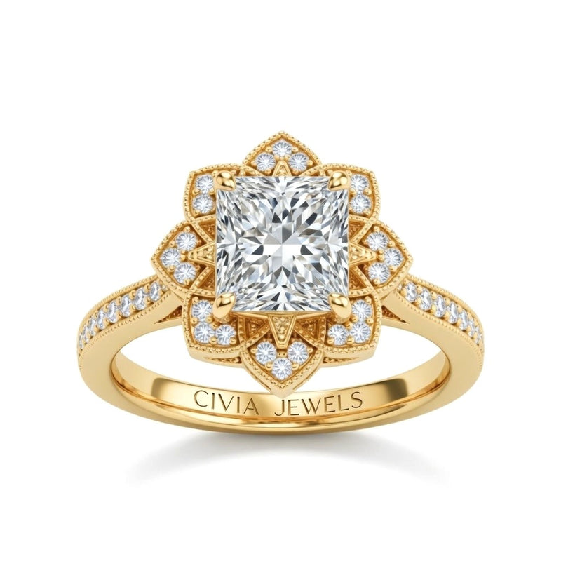 Yellow Gold Princess Diamond Vintage Halo Engagement Ring With Four Prong Setting And Pavé Band