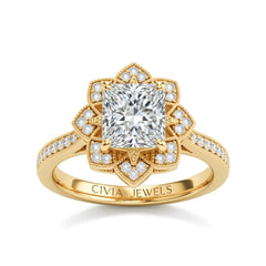 Yellow Gold Princess Diamond Vintage Halo Engagement Ring With Four Prong Setting And Pavé Band