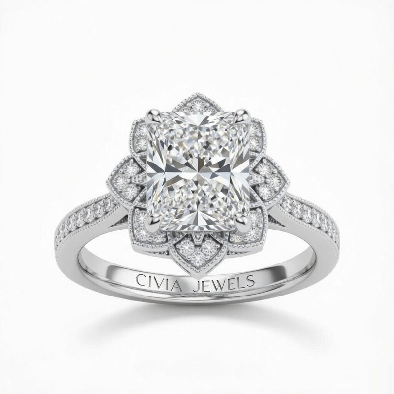 White Gold Radiant Diamond Vintage Halo Engagement Ring With Four Prong Setting And Pavé Band