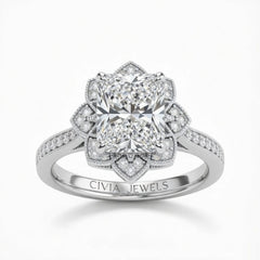 White Gold Radiant Diamond Vintage Halo Engagement Ring With Four Prong Setting And Pavé Band
