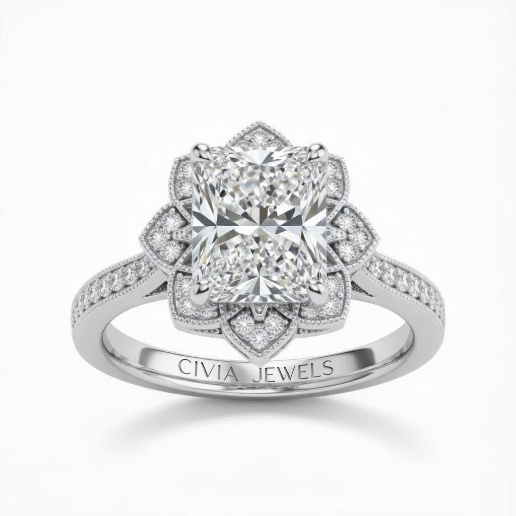 Silver Radiant Diamond Vintage Halo Engagement Ring With Four Prong Setting And Pavé Band