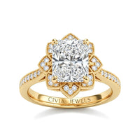 Yellow Gold Radiant Diamond Vintage Halo Engagement Ring With Four Prong Setting And Pavé Band