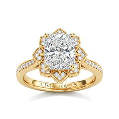 Yellow Gold Radiant Diamond Vintage Halo Engagement Ring With Four Prong Setting And Pavé Band