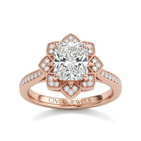 Rose Gold Radiant Diamond Vintage Halo Engagement Ring With Four Prong Setting And Pavé Band