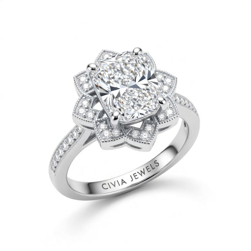 Silver Radiant Diamond Vintage Halo Engagement Ring With Four Prong Setting And Pavé Band