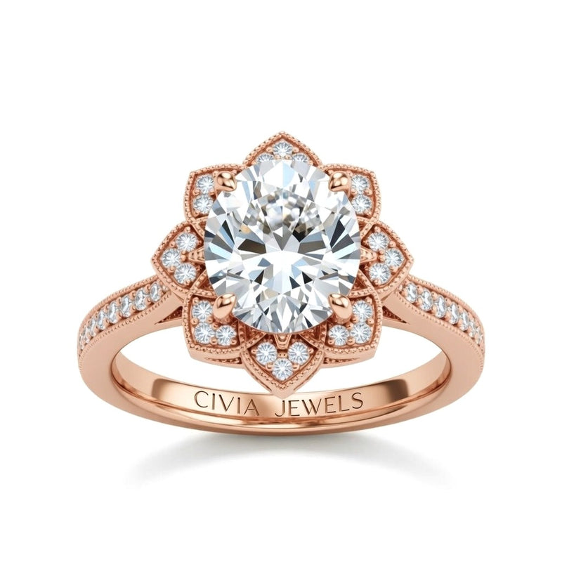 Rose Gold Round Diamond Vintage Halo Engagement Ring With Four Prong Setting And Pavé Band