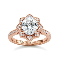 Rose Gold Round Diamond Vintage Halo Engagement Ring With Four Prong Setting And Pavé Band