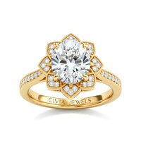 Yellow Gold Round Diamond Vintage Halo Engagement Ring With Four Prong Setting And Pavé Band