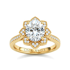 Yellow Gold Round Diamond Vintage Halo Engagement Ring With Four Prong Setting And Pavé Band